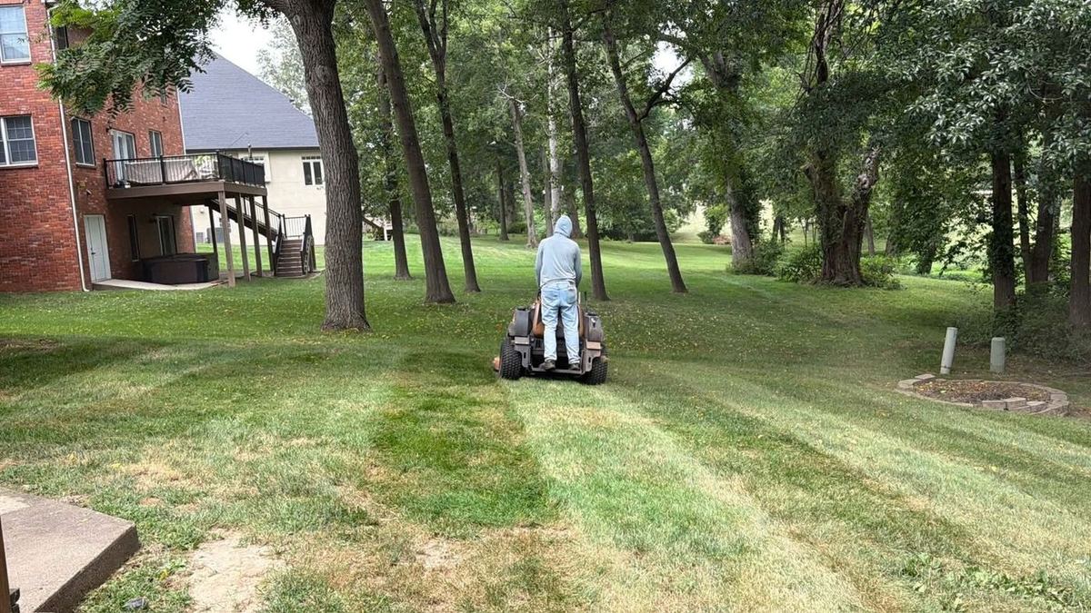 Mowing in progress on a shaded property